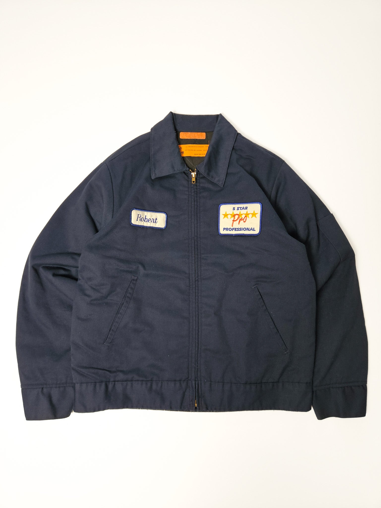 1990s gevoerd navy workwear jacket met ‘Robert’ en ‘5 Star Pro’ patch – maat M-R