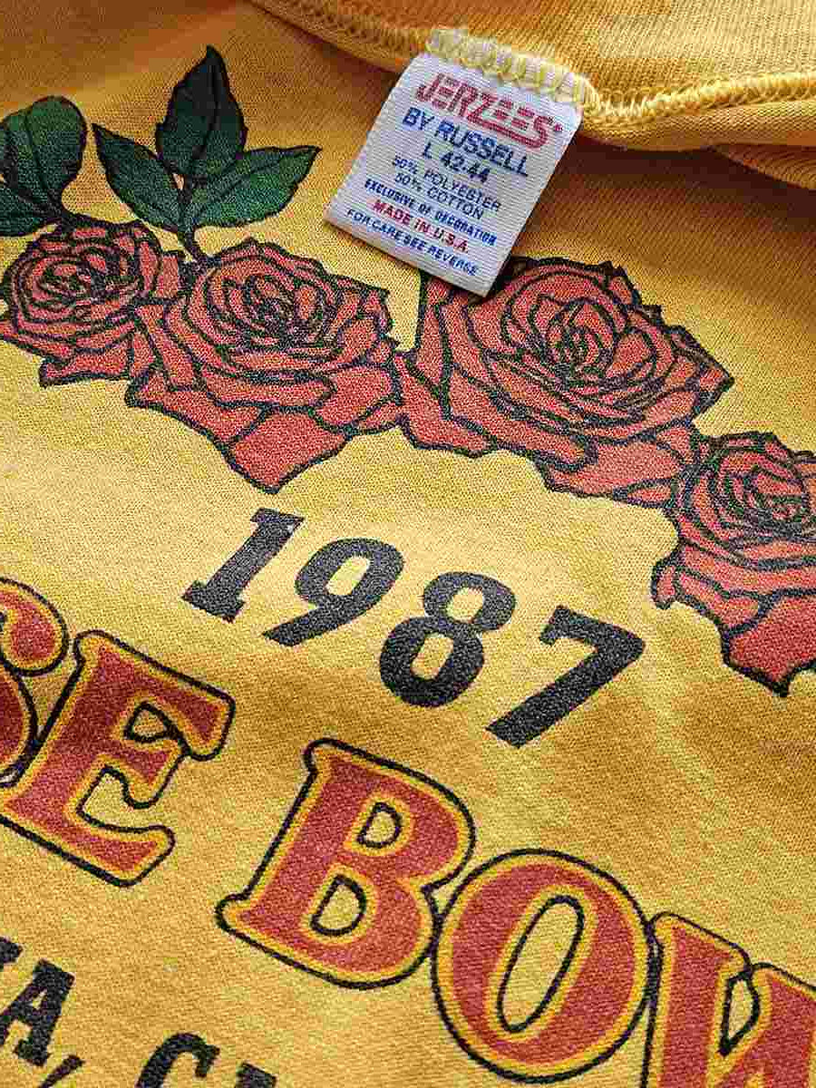Jerzees vintage T-shirt tag – betaalbare basics uit de jaren 80 en 90, kleurrijk label en Made in USA.

