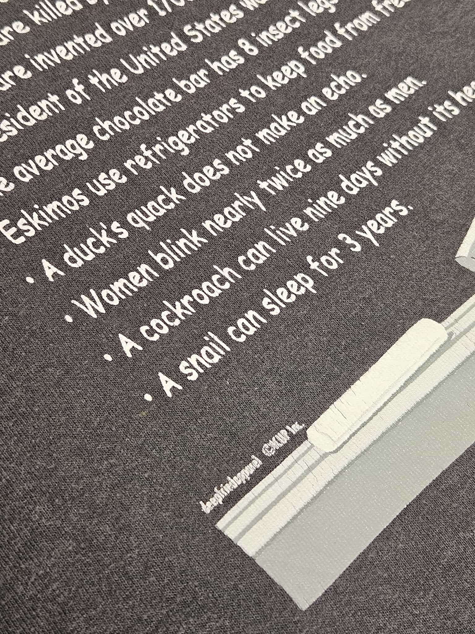 "Gedetailleerde close-up van de onderkant van de witte tekstprint op het donkergrijze vintage T-shirt, waarop enkele laatste feiten en de kleine tekst 'Deepfistapparel ©XKUP Inc.' naast een illustratie van gestapelde staven te zien zijn. Dit detail benadrukt de originaliteit van dit zeldzame slow fashion kledingstuk."



