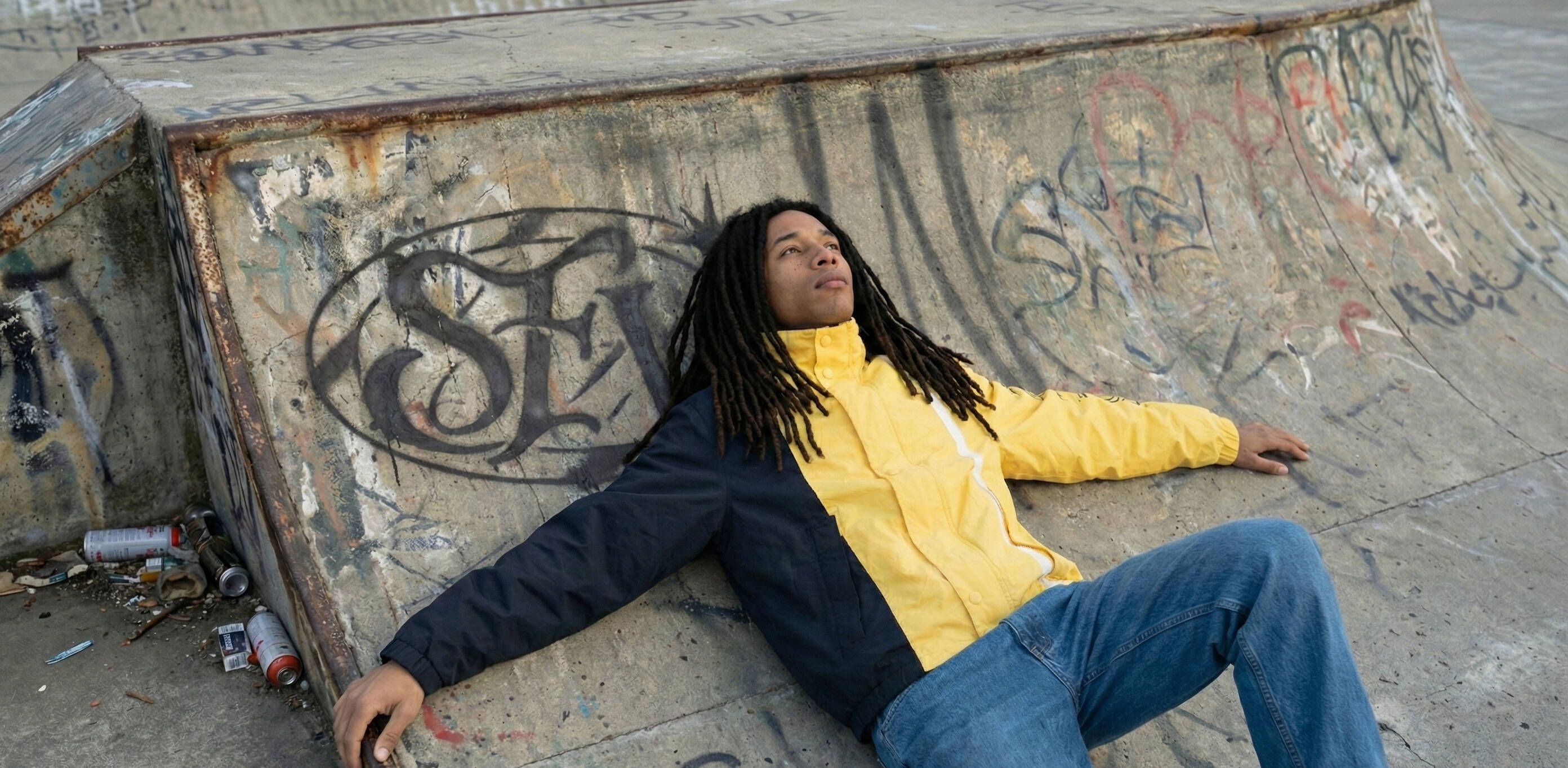 Jonge man in een two-tone vintage windbreaker in geel en zwart, ontspannen liggend tegen een verweerde betonnen skatepark-ramp vol graffiti. Zijn lange dreadlocks vallen naar achteren terwijl hij nonchalant achterover leunt, omringd door spuitbussen en urban streetwear details. De setting benadrukt een rauwe, authentieke streetstyle look, perfect passend bij Slow Fashion Vintage en echte 90s street culture.