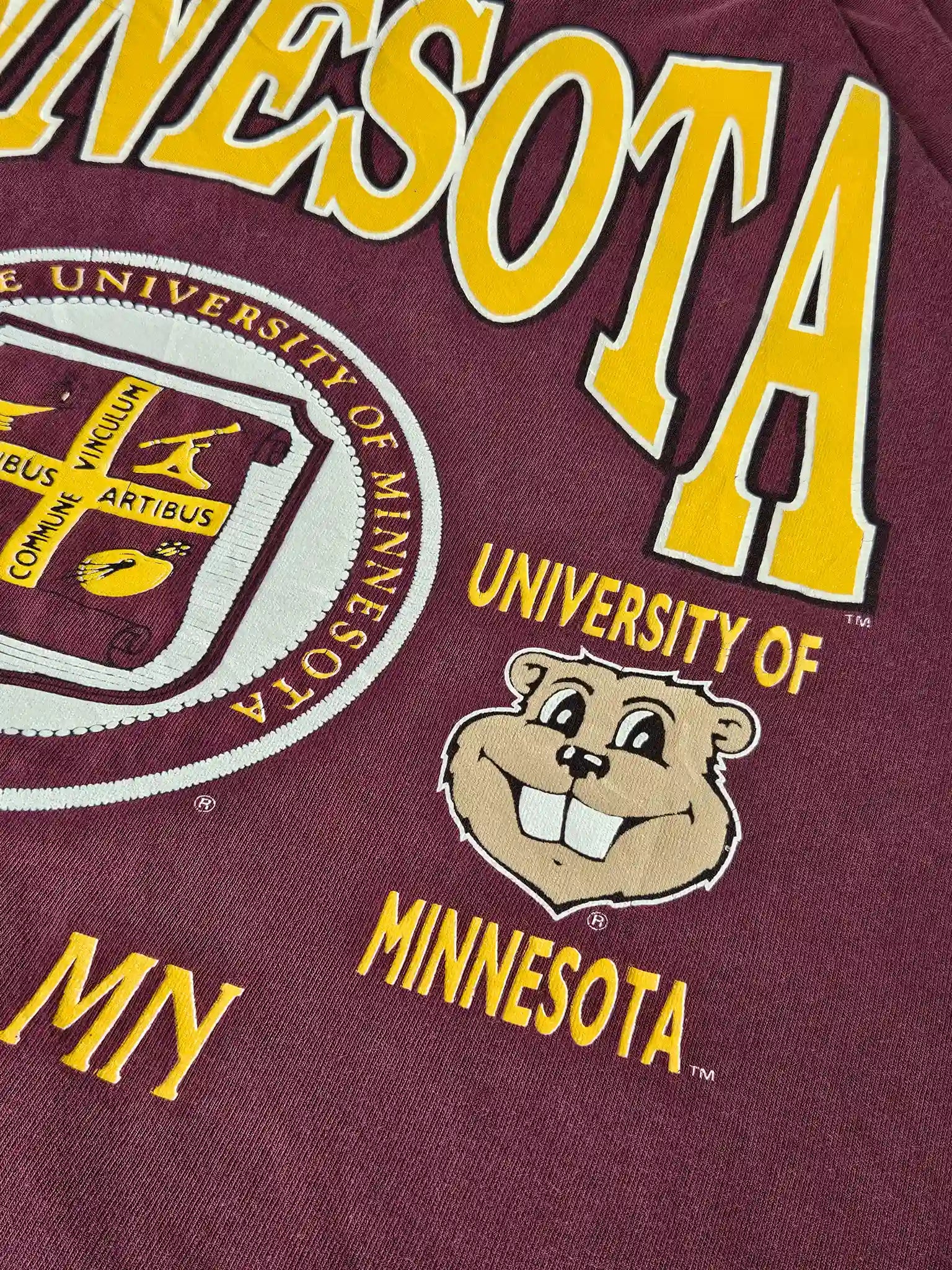 close-up van mascottes, universiteitsembleem en varsity “Minnesota” tekst