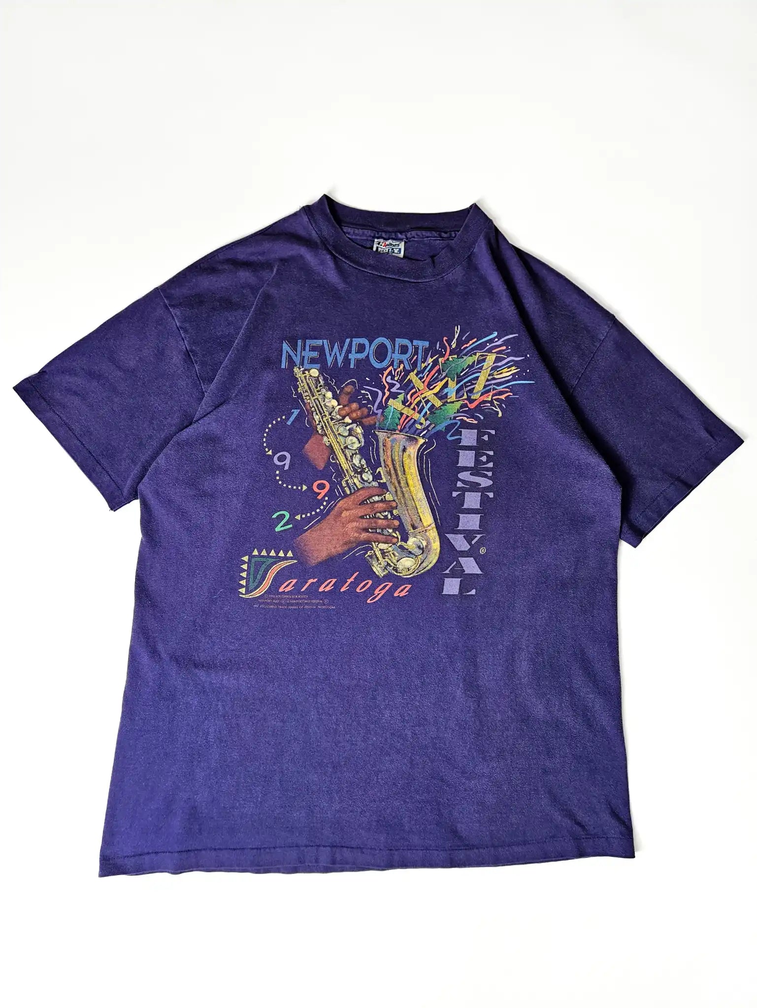  Paars 1992 vintage T-shirt met Newport Jazz Festival Saratoga print
