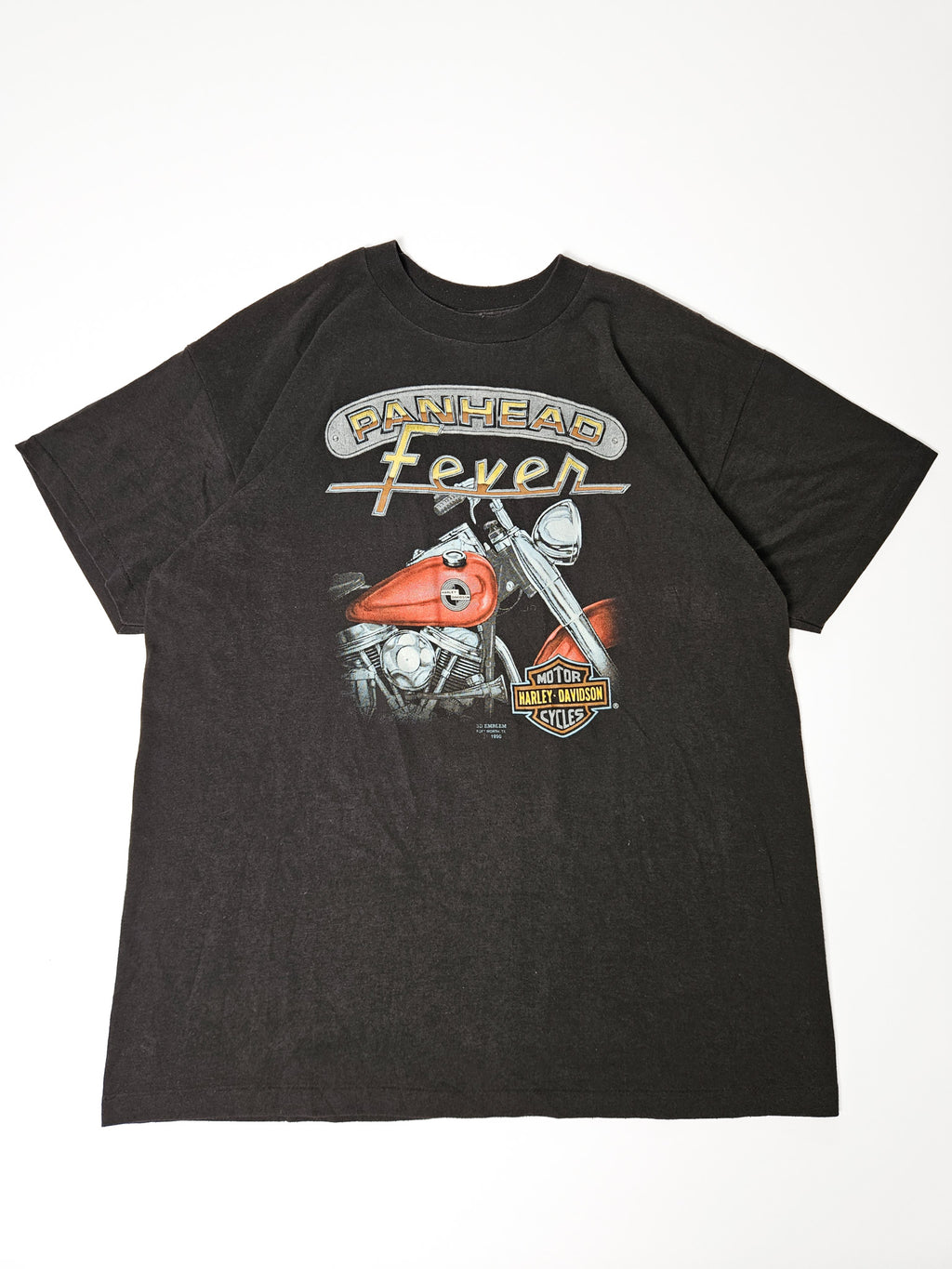 Zwart vintage Harley-Davidson Panhead Fever T-shirt met motorprint op flat lay