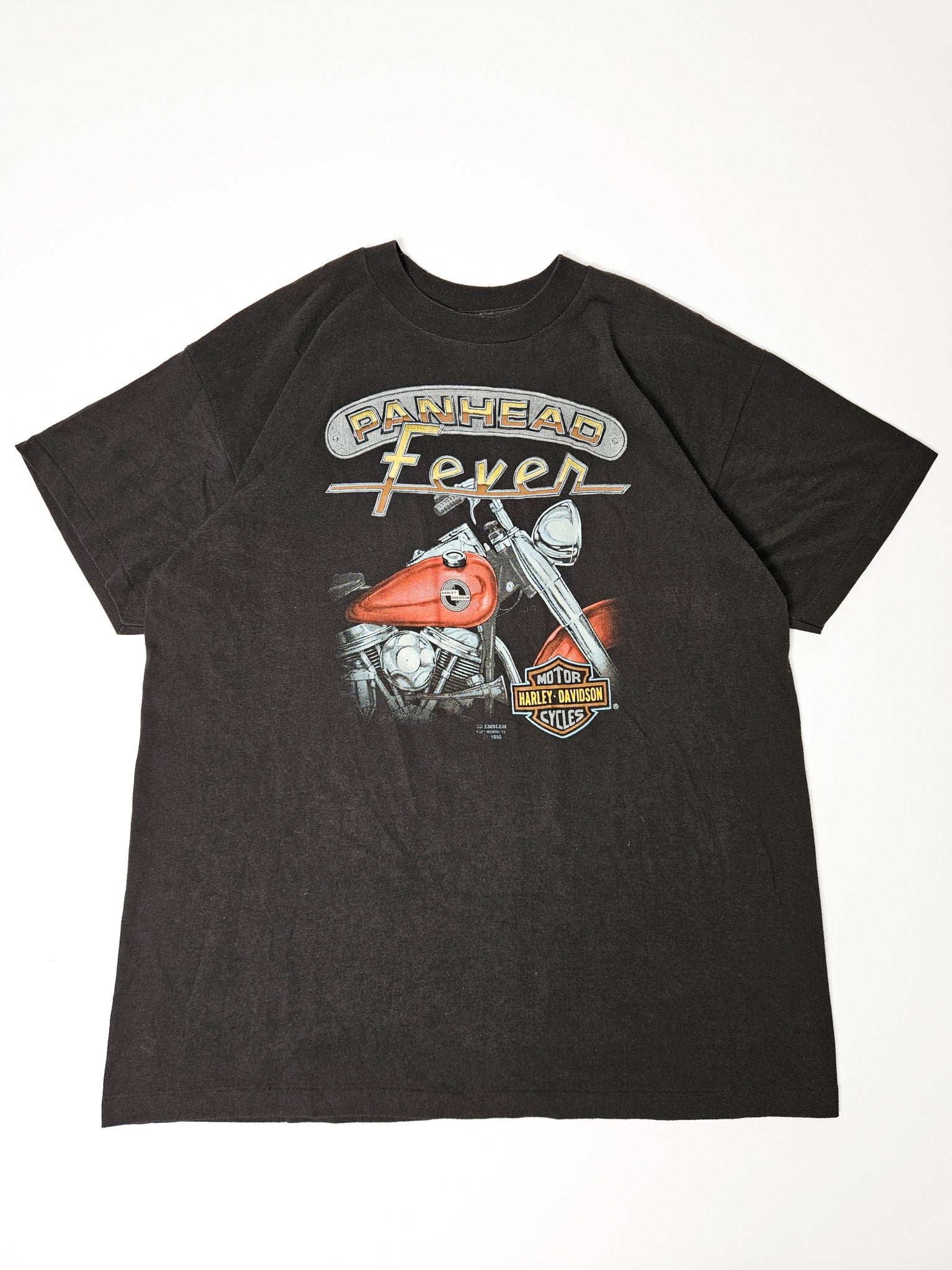Zwart vintage Harley-Davidson Panhead Fever T-shirt met motorprint op flat lay