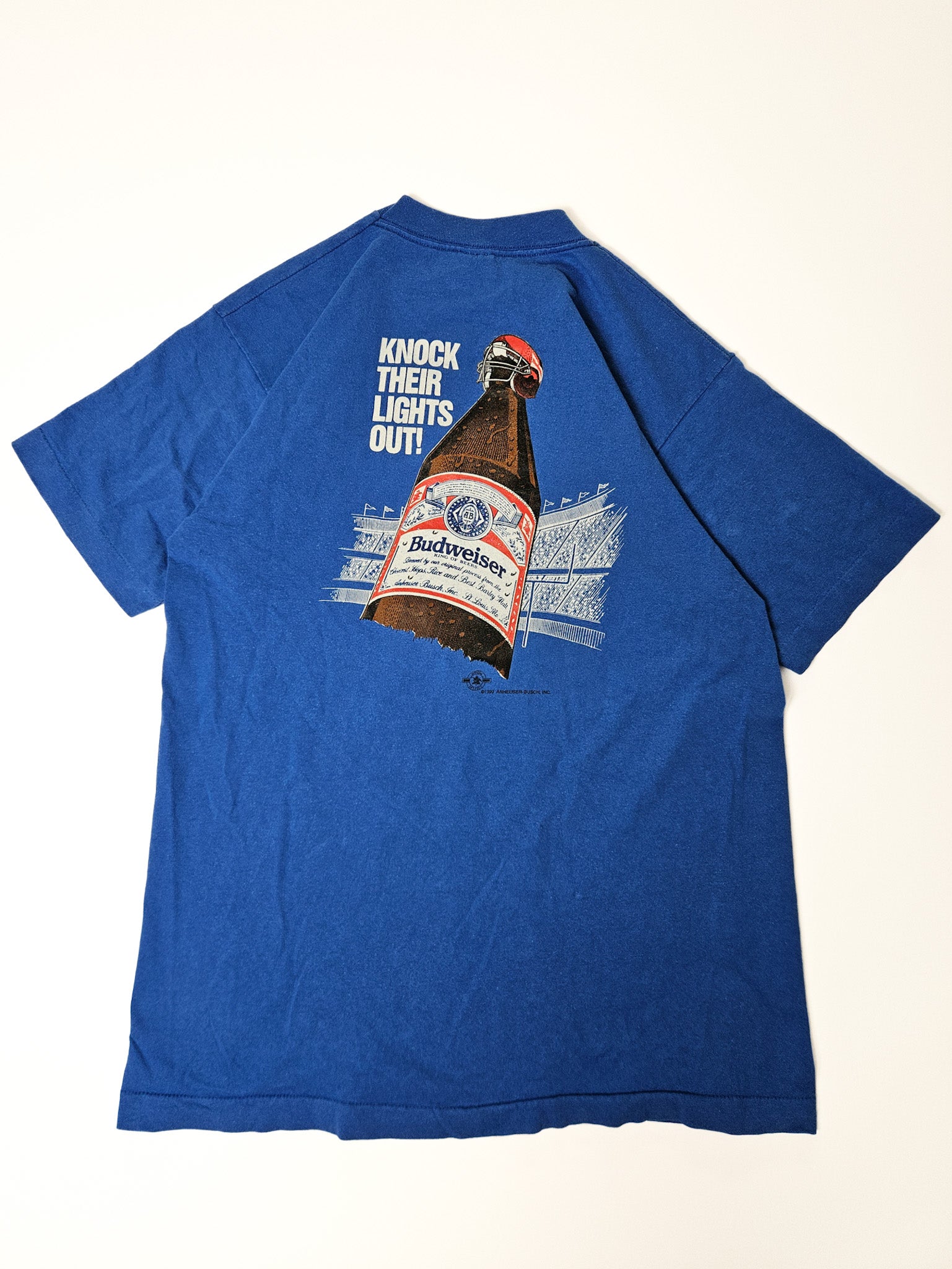 Achterkant van blauw vintage Bud Bowl II T-shirt