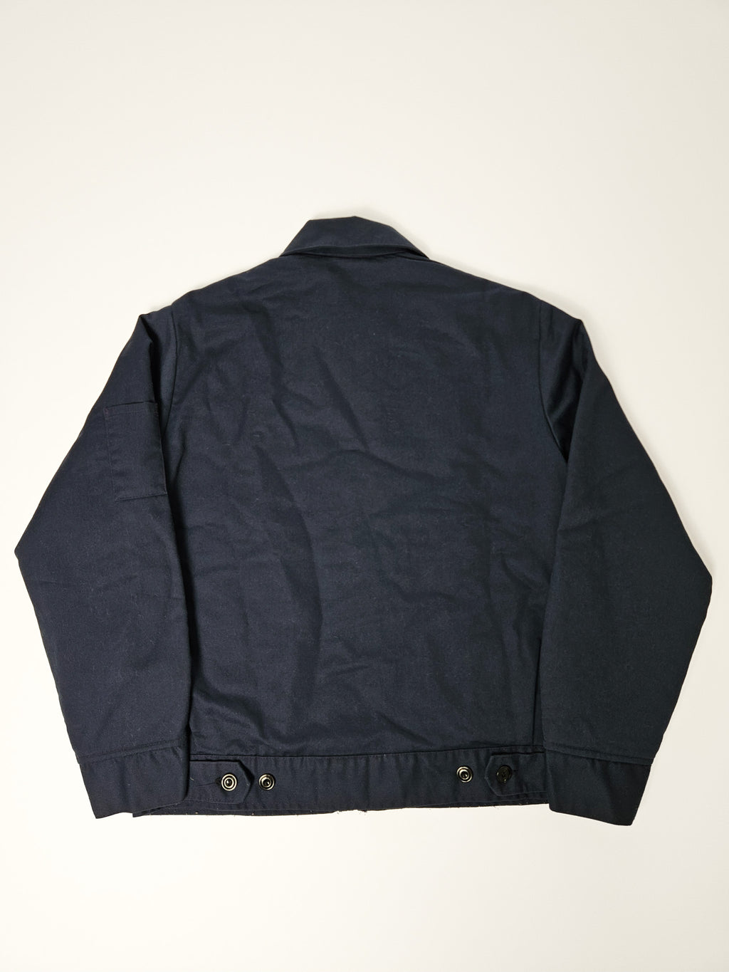 1990s gevoerd navy workwear jacket achterkant met ‘Robert’ en ‘5 Star Pro’ patch – maat M-R

