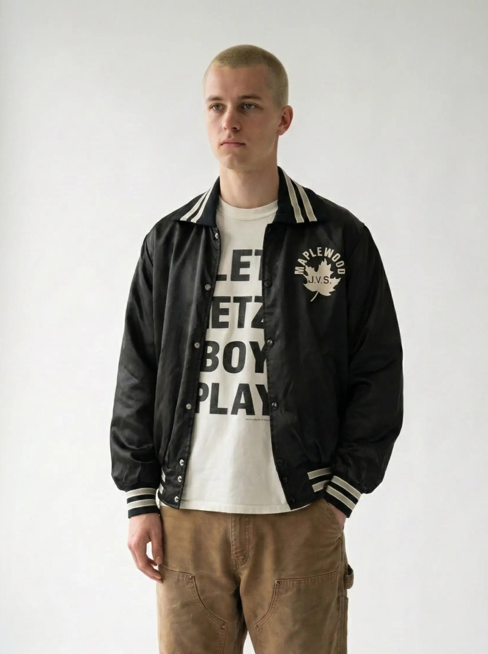 1981 Vintage Maplewood J.V.S. Varsity Jacket worn by model with blonde buzzcut